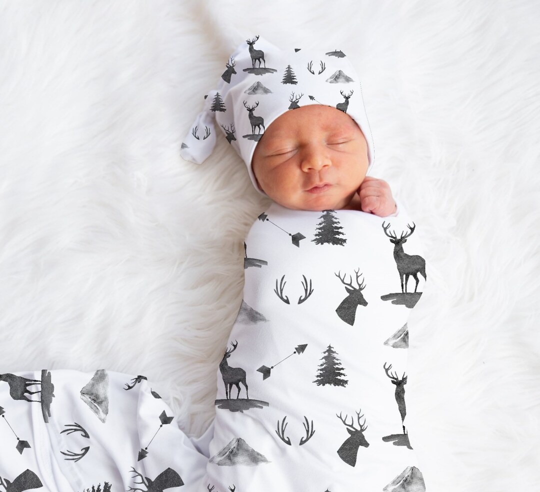 Baby Boy Swaddle Blanket Deer Baby Swaddle Blanket Knotted Baby Cap