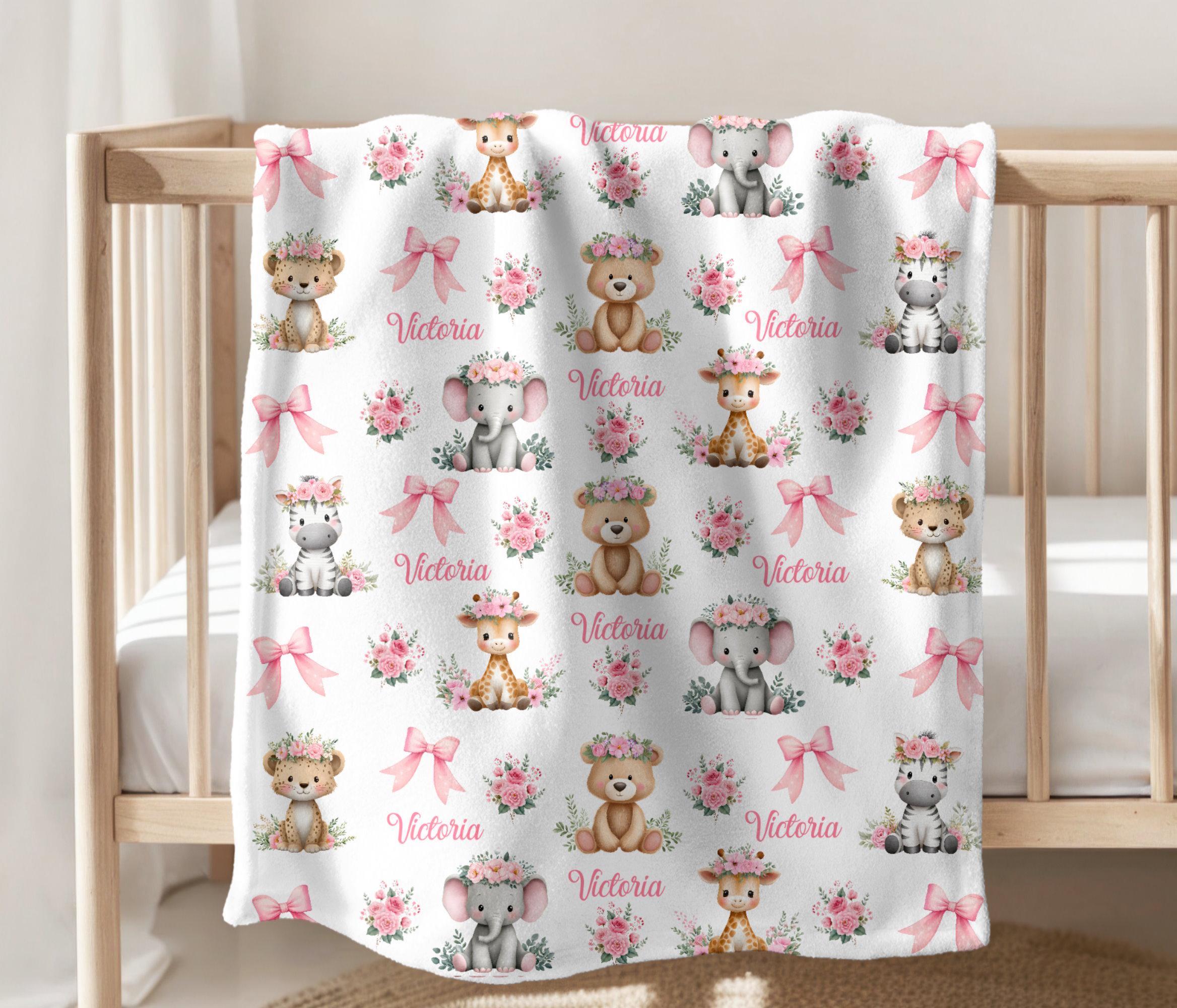 Personalized Safari Animals Baby Girl Blanket, Custom Name Crib Blanket ...