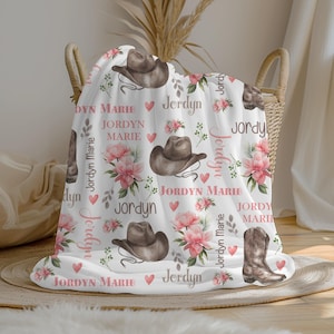 Personalized Cowgirl Baby Girl Blanket | Custom Name Crib Blanket | Swaddle Set | Minky Fleece Sherpa | Baby Shower Gift | Nursery Decor