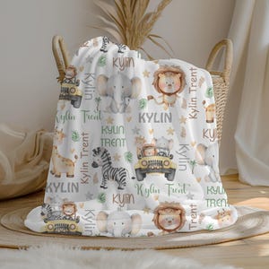 Personalized Safari Animal Jeep Baby Boy Blanket | Custom Name Crib Blanket | Swaddle Set | Minky Fleece Sherpa | Baby Gift | Nursery Decor