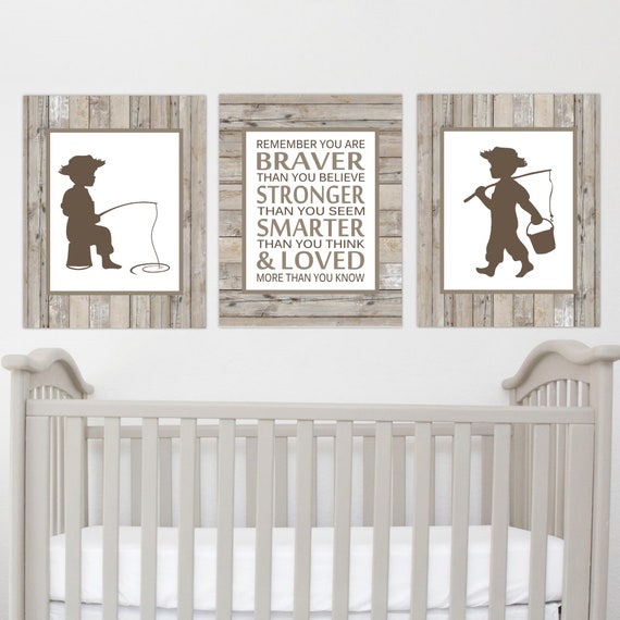 Fishing Boy Nursery Art Brown Gray Greige Rustic Wood Farmhouse Style  Toddler Room Fishing Wall Decor Remember You Are Braver 