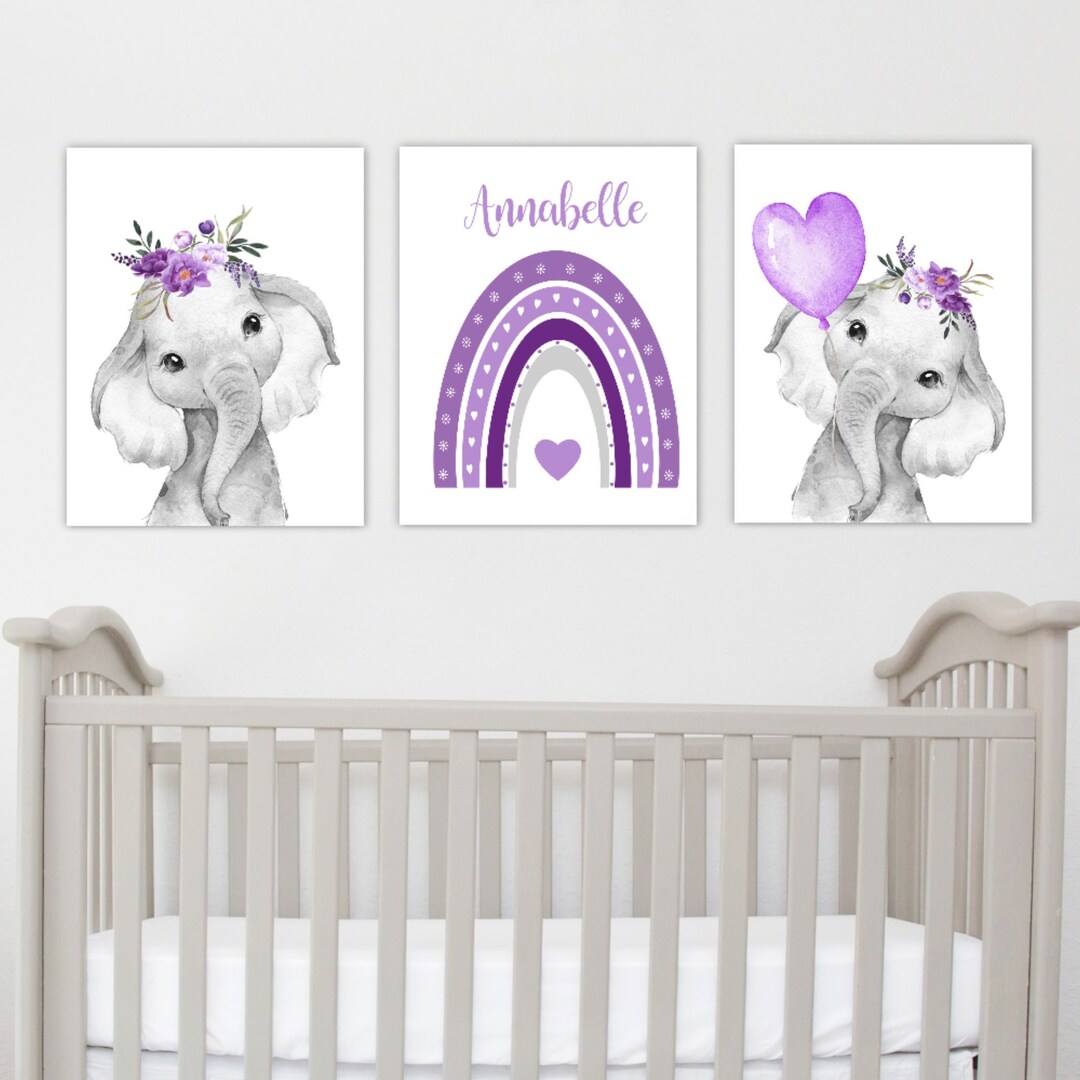 Rainbow Elephant Baby Girl Nursery Wall Art Prints Canvas Baby Elephant ...