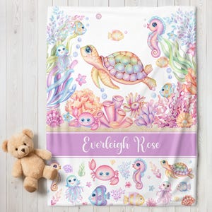 Personalized Turtle Baby Girl Blanket | Custom Name Crib Blanket | Swaddle Set | Minky Fleece Sherpa | Baby Shower Gift | Ocean Theme