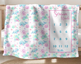 Personalized Baby Girl Milestone Blanket, Ocean Theme Monthly Growth Tracker, Custom Name Blanket, Photo Prop, Shower Gift, Under The Sea