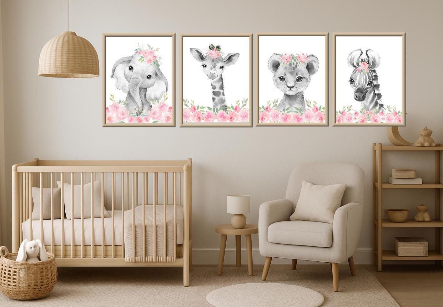 Safari Animals Baby Girl Nursery Wall Art Decor Blush Flowers Floral ...