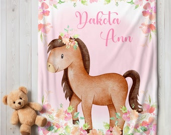 Personalized Blanket Girl Name Blanket Floral Horse Baby Blanket Custom Name Blanket Baby Shower Gift Farm Animal Blanket