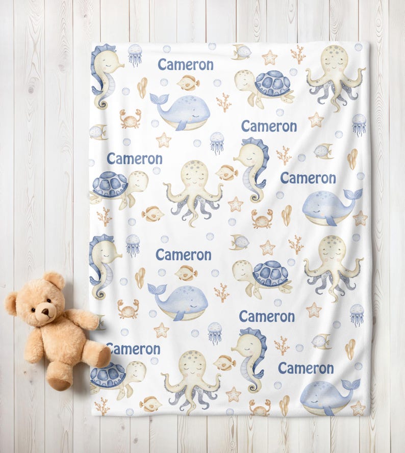 Personalized Under the Sea Baby Boy Blanket | Swaddle Set | Knot Hat or ...