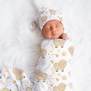Sheep Baby Girl Swaddle Blanket Newborn Swaddle Blanket Knotted Baby Cap Headband Baby Gift Hospital Photo Newborn Blanket