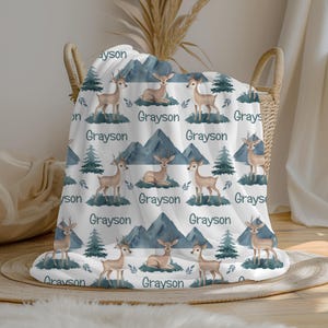 Personalized Deer Baby Boy Blanket | Mountain Forest Custom Name Blanket | Swaddle Set | Minky Fleece Sherpa | Baby Shower Gift