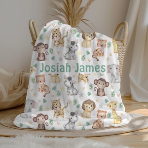 Personalized Safari Animal Baby Blanket | Custom Name Crib Blanket | Swaddle Set | Minky Fleece Sherpa | Baby Shower Gift | Nursery Decor