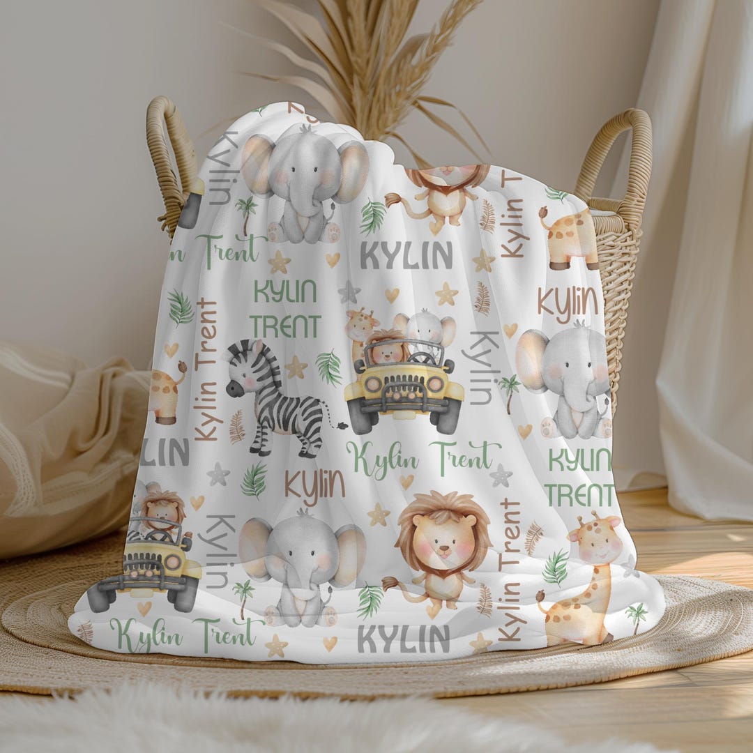 Personalized Safari Animal Baby Boy Blanket, Custom Name Crib Blanket ...
