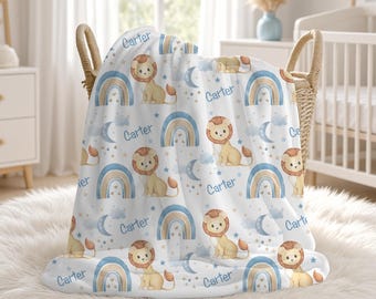 Personalized Lion Baby Boy Blanket, Rainbow Baby Custom Crib Blanket, Swaddle Set, Minky Fleece Sherpa, Baby Shower Gift, Lion Nursery Decor