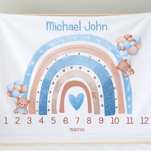 Personalized Bear Rainbow Baby Boy Milestone Blanket | Monthly Growth Tracker | Custom Name Blanket | Newborn Photo Prop | Baby Shower Gift