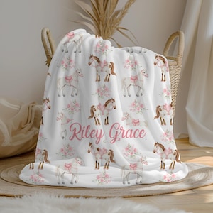 Personalized Cowgirl Horse Baby Girl Blanket, Custom Name Crib Blanket, Swaddle Set, Minky, Fleece, Sherpa, Shower Gift, Nursery Decor