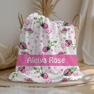 Personalized Ladybug Baby Girl Blanket | Custom Name Crib Blanket | Swaddle Set | Minky Fleece Sherpa | Baby Shower Gift | Nursery Decor