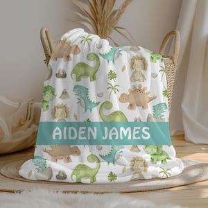 Personalized Dinosaur Baby Boy Blanket, Custom Name Crib Blanket, Swaddle Set, Fleece Minky Sherpa,  Shower Gift, Dino Nursery Decor