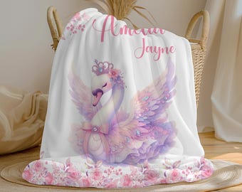 Personalized Floral Swan Baby Girl Blanket | Swaddle Set | Custom Name Crib Blanket | Baby Shower Gift | Minky Fleece Sherpa, Swan Decor