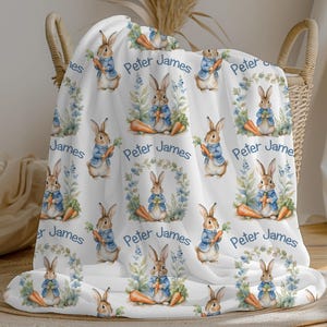 Personalized Rabbit Baby Boy Blanket, Custom Name Crib Blanket, Swaddle Set, Baby Shower Gift, Minky Fleece Sherpa, Peter Nursery Decor