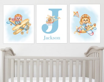 Teddy Bear Baby Boy Wall Art, Baby Boy Airplane Art Canvas Personalized Baby Nursery Decor Art Prints,Baby Nursery Canvas, Baby Shower Gift
