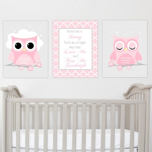 Pink Gray Owl Wall Art Baby Girl Owl Nursery Art Pink Gray Etsy
