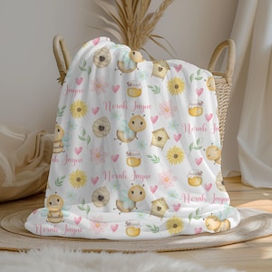 Personalized Bee Baby Girl Blanket | Custom Name Crib Blanket | Swaddle Set | Minky Fleece Sherpa | Baby Shower Gift | Nursery Decor