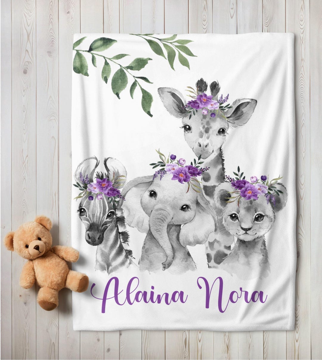 Personalized Baby Girl Blanket Purple Floral Safari Animals Baby ...