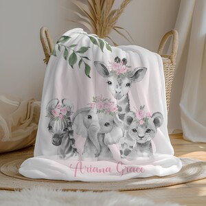 Personalized Floral Safari Animals Baby Girl Blanket | Custom Name Crib Blanket | Swaddle Set | Minky Fleece Sherpa | Shower Gift
