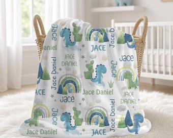 Dinosaur Baby Boy Blanket, Custom Name Crib Blanket, Swaddle Set, Minky Fleece Sherpa, Baby Shower Gift, Personalized Nursery Decor