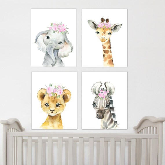 Safari Animals Baby Girl Nursery Wall Art Nursery Canvas Wall Art