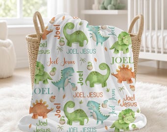 Dinosaur Personalized Baby Boy Blanket, Custom Name Crib Blanket, Swaddle Set, Minky Fleece Sherpa, Baby Shower Gift, Dino Nursery Decor