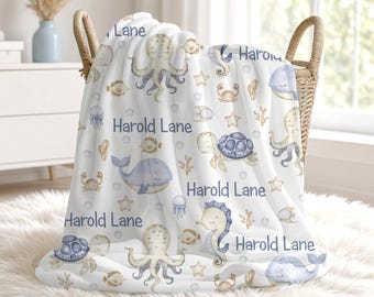 Personalized Baby Boy Blanket Under The Sea Baby Blanket, Newborn Baby Shower Gift Custom Name Blanket for Boy Fleece Minky Sherpa Blanket