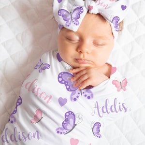 Personalized Butterfly Baby Girl Swaddle Blanket | Bow Knot Hat Beanie Cap | Baby Shower Gift | Photo Prop | Keepsake | Come Home Outfit