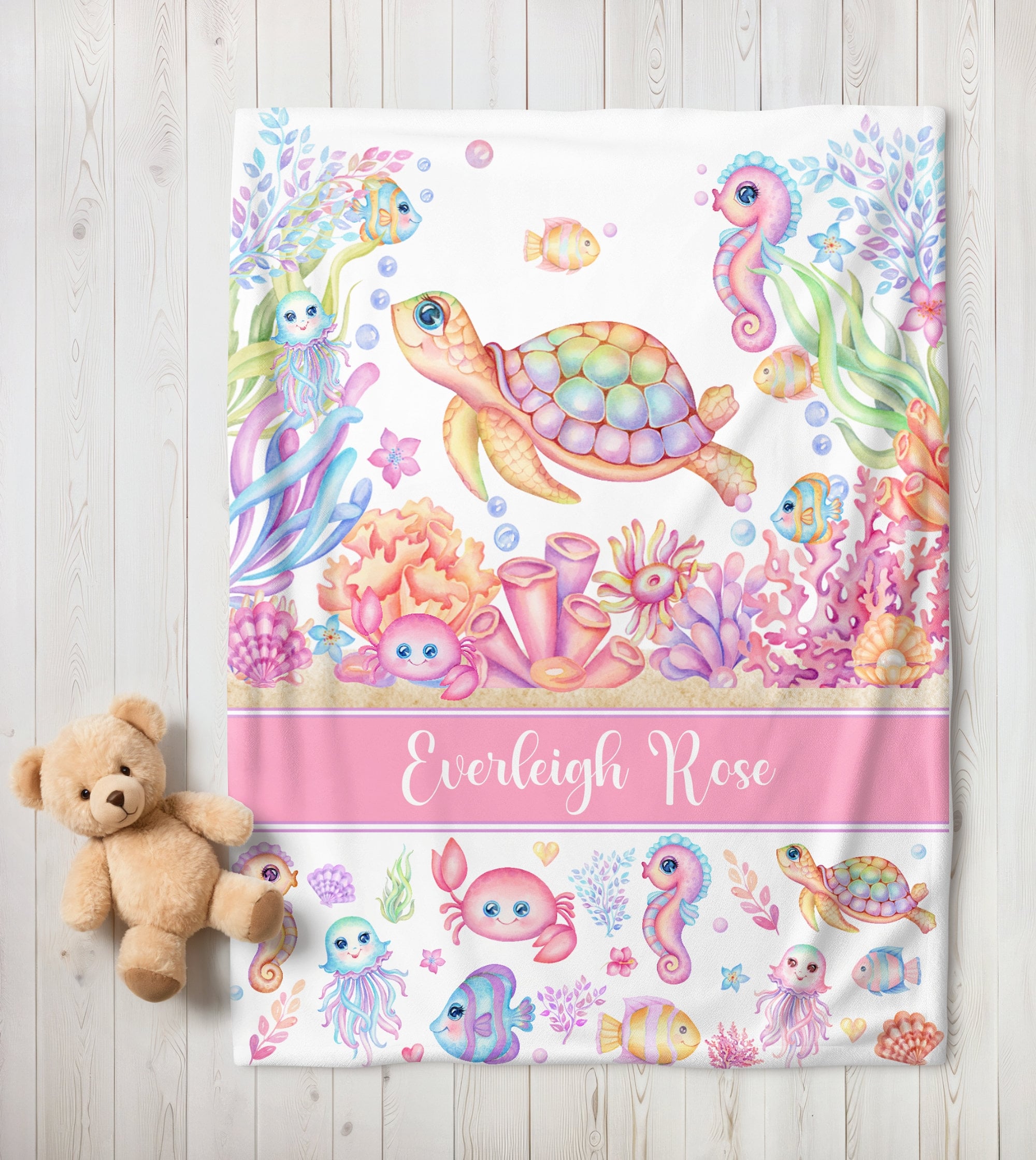 Sea Creatures Baby Blanket, Baby Girl Blanket, Newborn Baby Shower Gift Custom Name Blanket for Girls Under The Sea Baby Girl Blanket