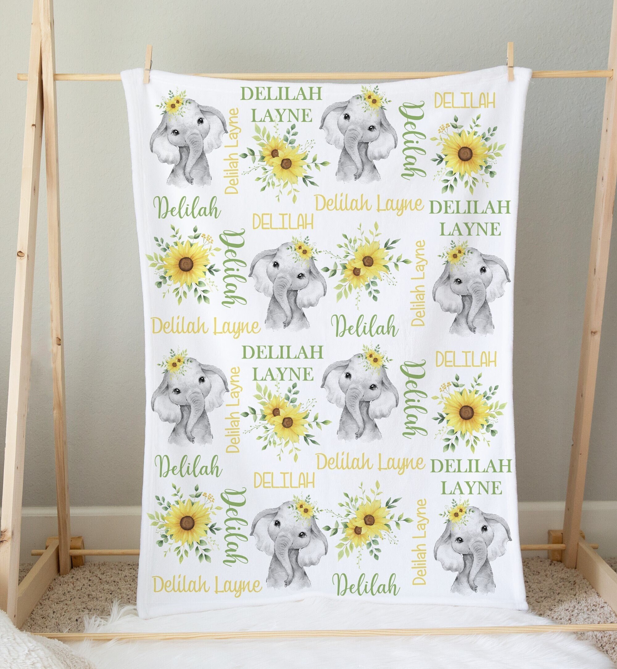Personalized Baby Blanket With Sunflower & Elephant - Custom Name Nursery Blanket 30x40 Inches - View #2