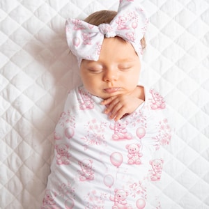 Pink Teddy Bear Baby Girl Blanket, Pink Toile Swaddle & Crib Blanket, Custom Name Newborn Gift, Baby Shower Present, Newborn Photo Prop