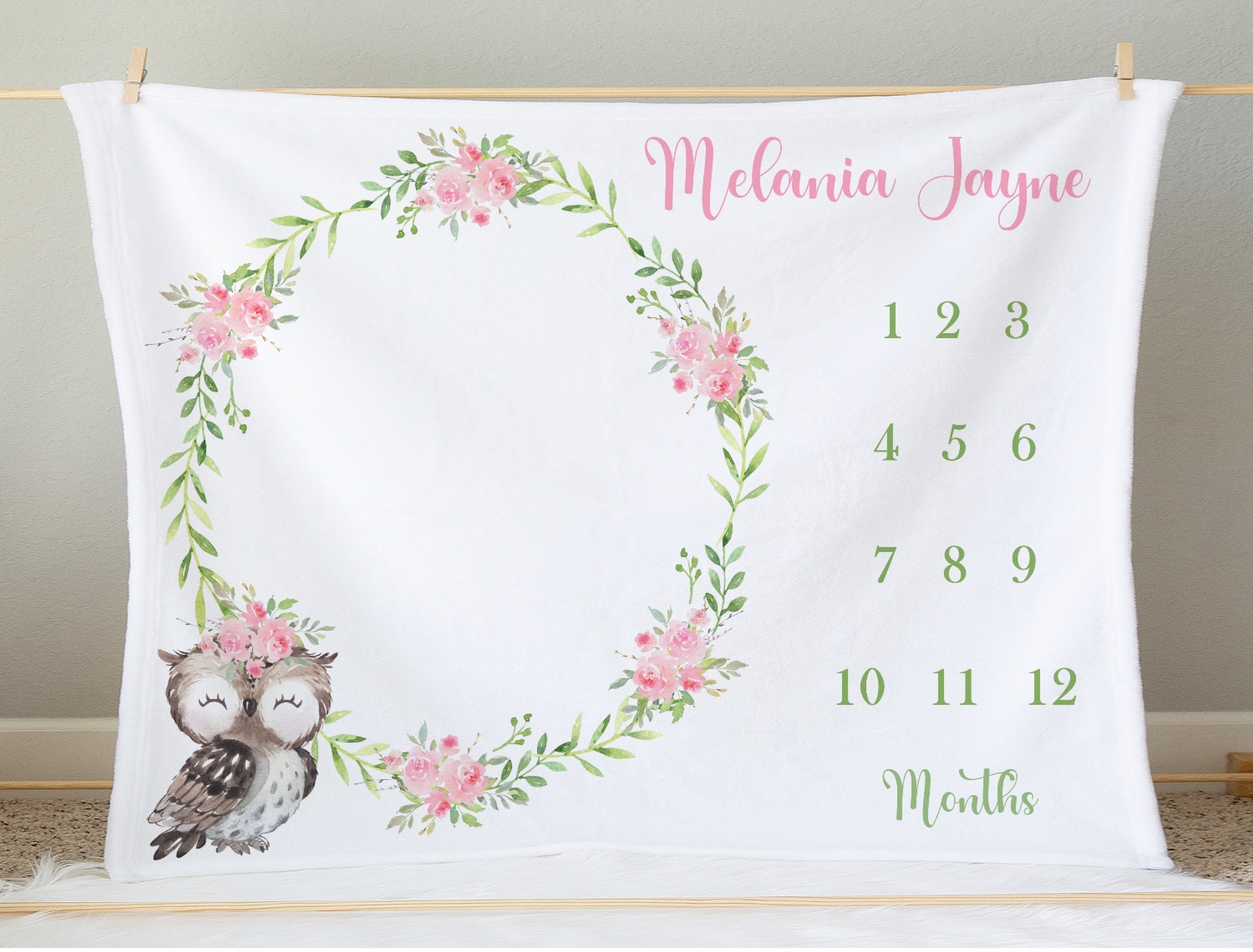 Milestone Baby Blanket Pink Floral Owl Blanket Girl Growth Blanket Month Blanket Photo Op Girl Name 