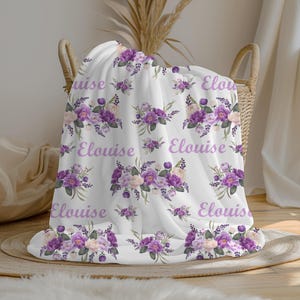 Personalized Purple Floral Baby Girl Blanket | Custom Name Blanket | Swaddle Set | Minky Fleece Sherpa | Shower Gift | Nursery Decor