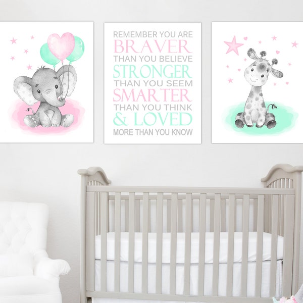 Safari Animals Baby Girl Nursery Wall Art Baby Elephant Print Canvas Art Pink Mint Green Giraffe Decor Nursery Wall Art Baby Animals Decor