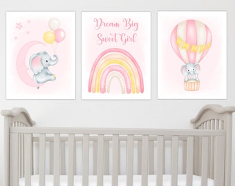 Cute Elephants Baby Girl Wall Art Prints Personalized Canvas Art Personalized Baby Nursery Art Baby Girl Nursery Canvas, Baby Shower Gift