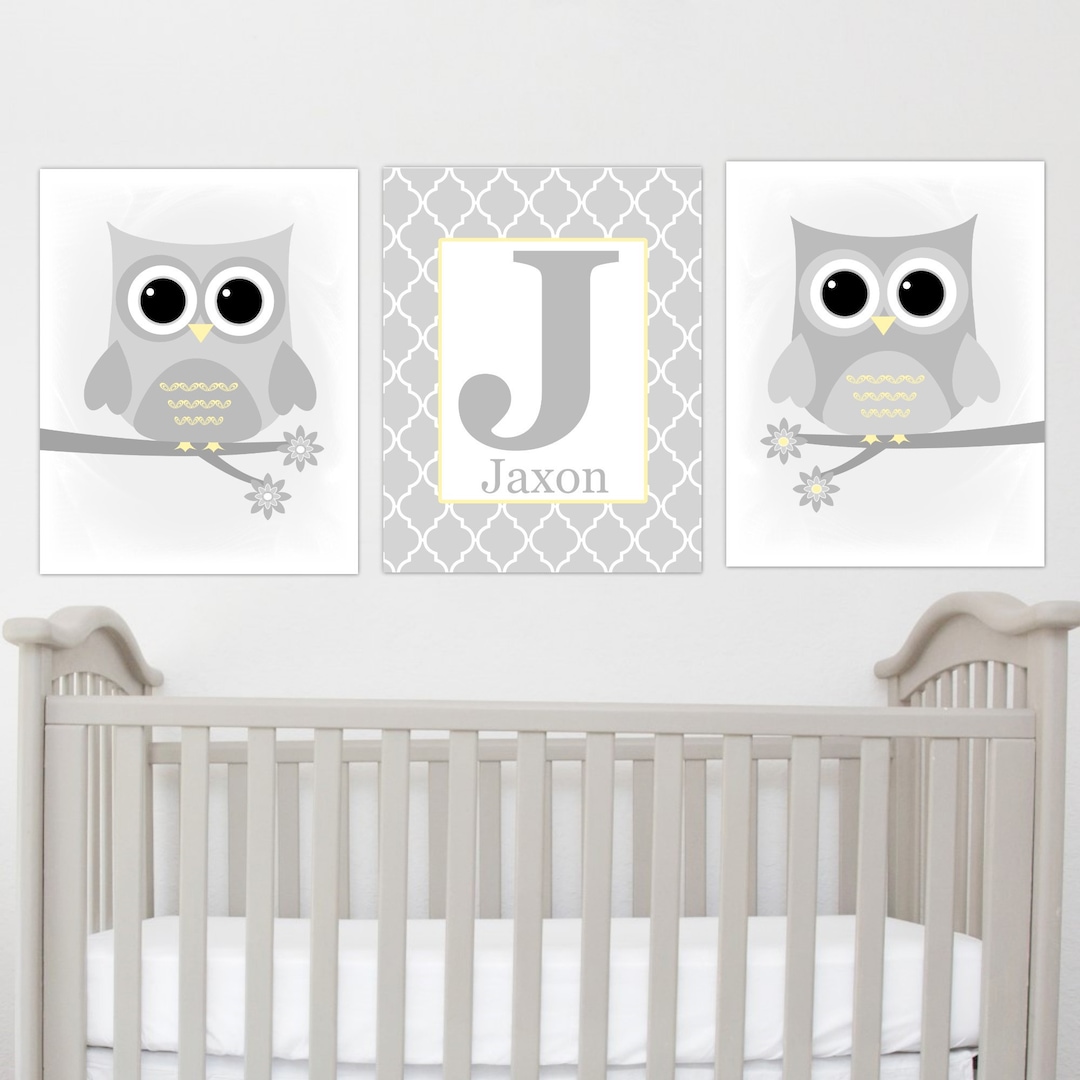 OWL Baby Nursery Wall Art Owls Yellow Gray Owl Decor Gender Neutral ...