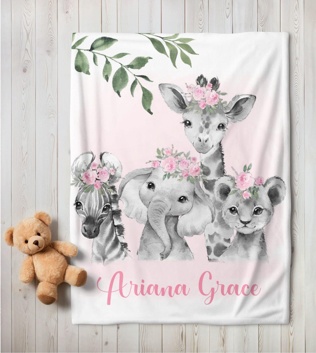 Personalized Floral Safari Animals Baby Girl Blanket | Custom Name Crib ...
