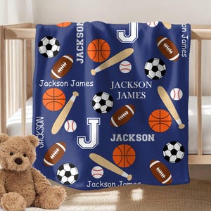 Personalized Sports Blanket Boy Name Blanket Baseball Basketball Soccer Football Name Blanket Boy Room Blanket Custom Gift image 3