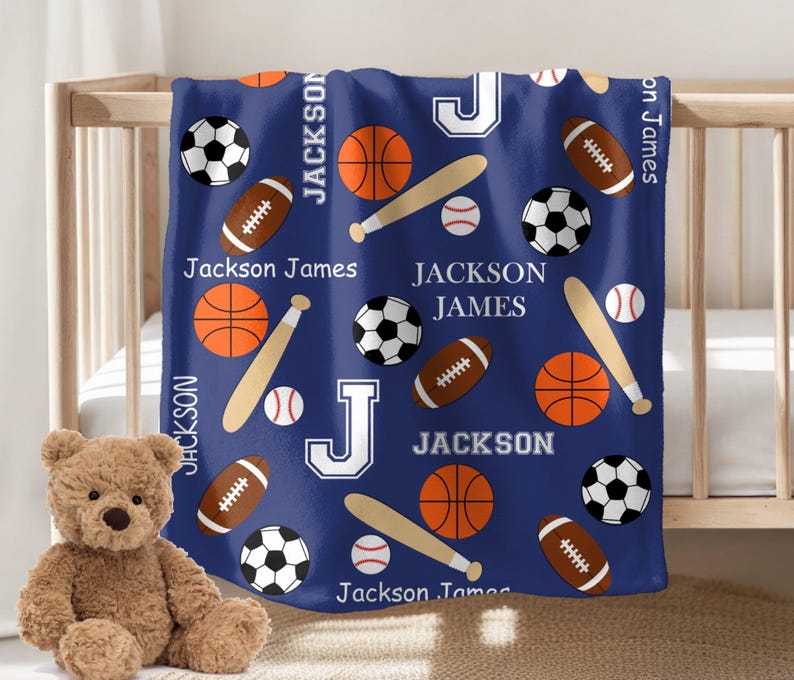 Personalized Sports Blanket Boy Name Blanket Baseball Basketball Soccer Football Name Blanket Boy Room Blanket Custom Gift image 3