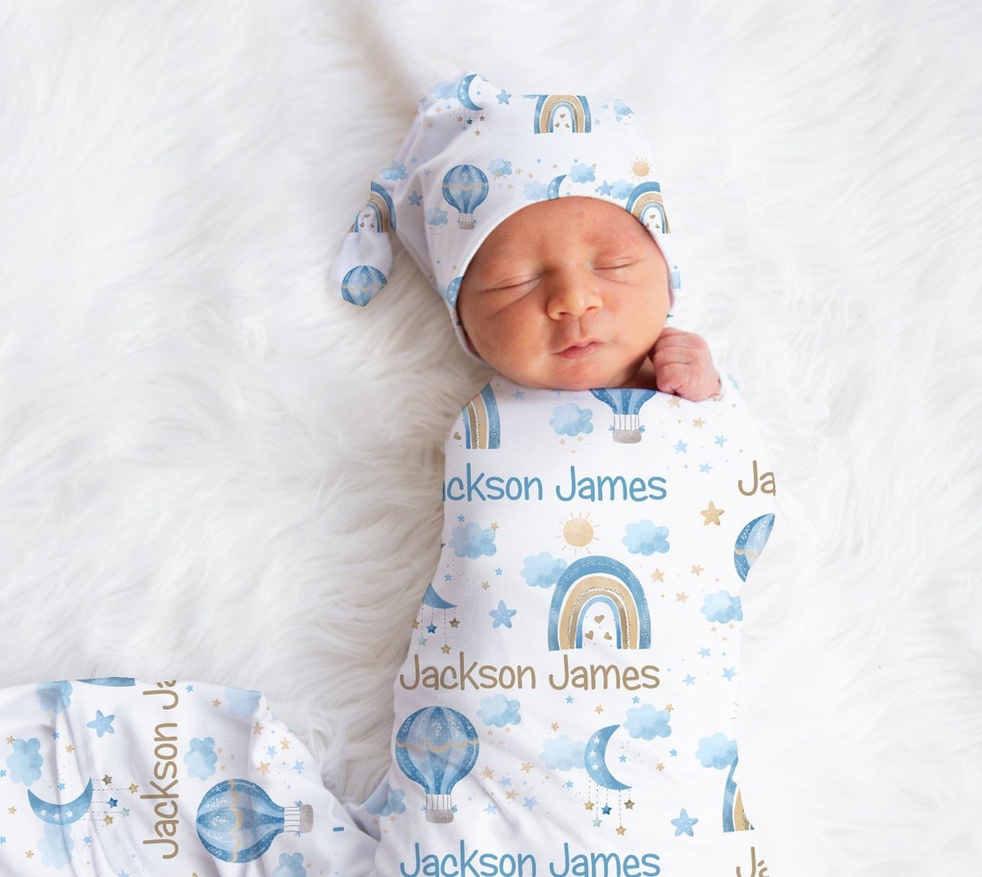 Baby Boy Swaddle Blanket Personalized Baby Swaddle Knotted Baby Cap