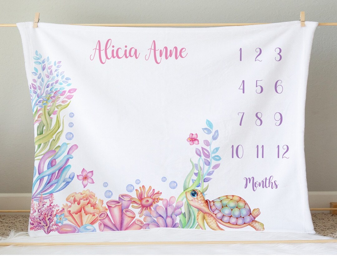 Personalized Turtle Under the Sea Baby Girl Milestone Blanket | Monthly ...