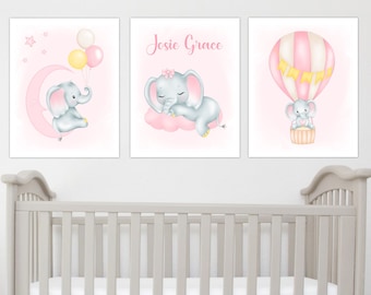 Baby Girl Wall Art Prints Elephant Baby Girl Decor Personalized Art Custom Baby Nursery Art Baby Girl Nursery Canvas, Baby Shower Gift