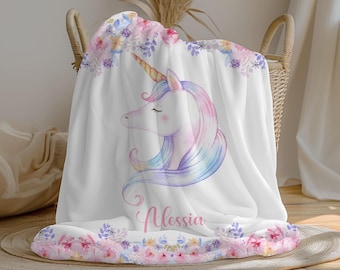 Personalized Unicorn Baby Girl Blanket | Custom Name Blanket | Swaddle Set | Minky Fleece Sherpa | Shower Gift | Unicorn Nursery Decor