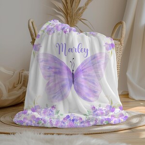 Personalized Purple Butterfly Baby Girl Blanket – Custom Name Floral Butterfly Blanket, Baby Girl Gift, Newborn Blanket, Crib Blanket
