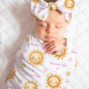 Personalized Baby Girl Swaddle Blanket, Sunshine Custom Blanket, Bow Knot Hat Beanie, Newborn Photo Prop, Baby Shower Gift, Sun Baby Decor