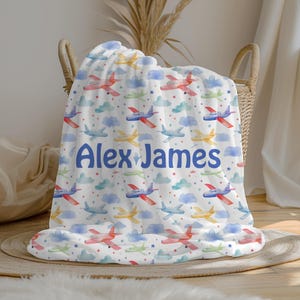 Personalized Airplane Baby Boy Blanket, Custom Name Blanket, Swaddle Set, Minky Fleece Sherpa, Baby Shower Gift, Airplane Boy Decor